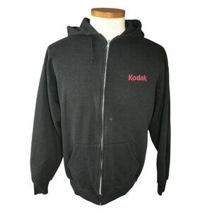 Vintage 90s Russell Jerzees Fleece Black Zip Up Hoodie Mens XL KODAK Logo